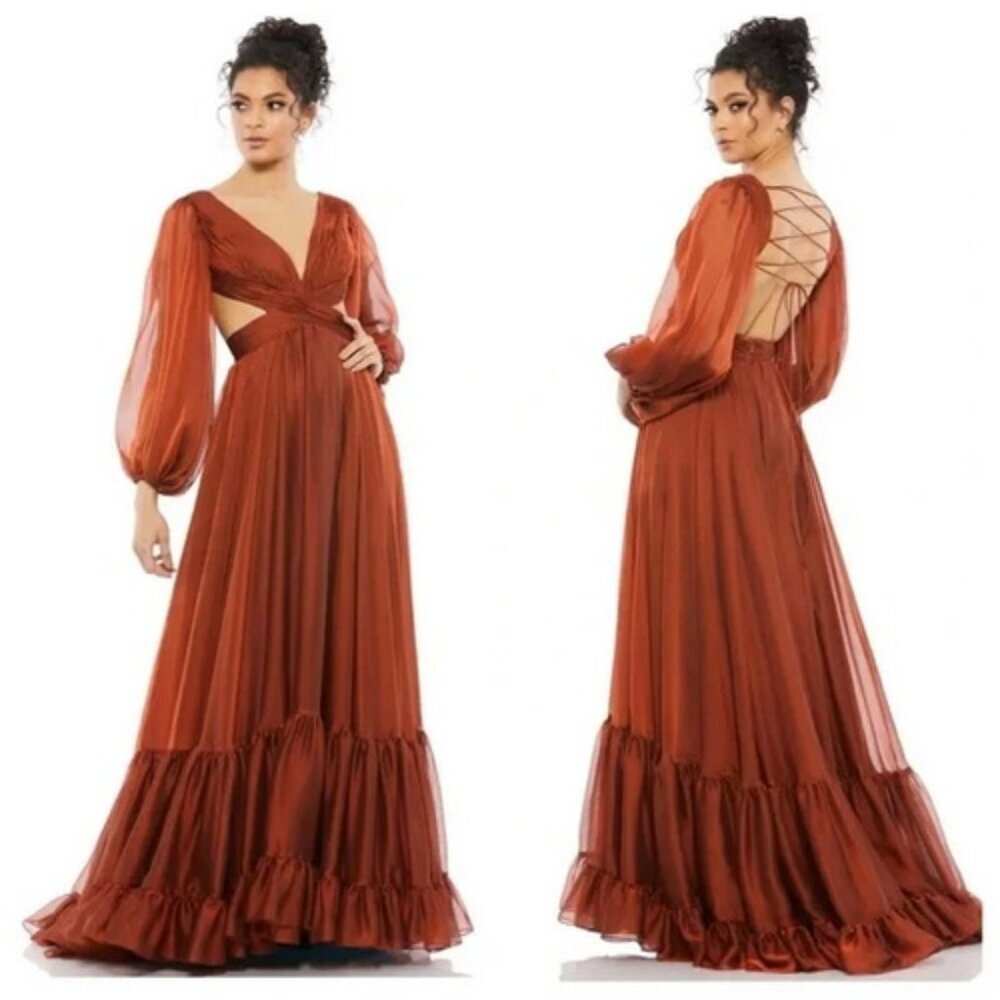 Mac Duggal Copper Pleated Cut Out Long Sleeve Lace Up Tiered Gown